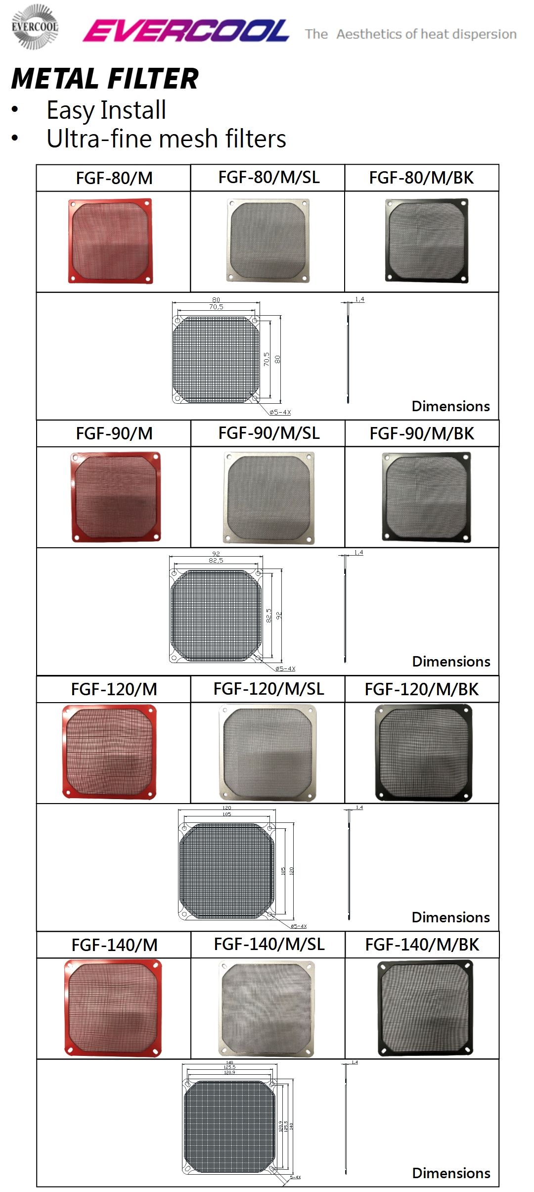 金属防塵フィルターの仕様と寸法図