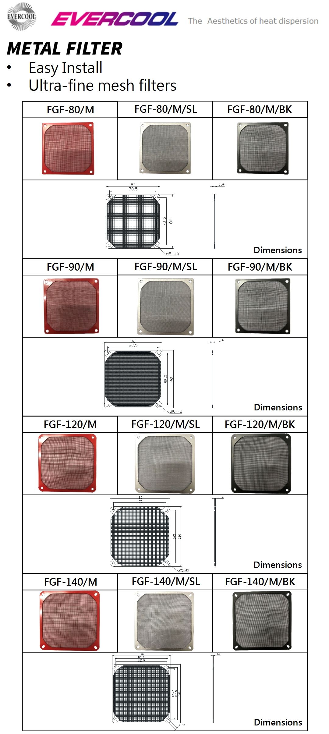 Specification and dimension diagram of Metal dustproof filters
